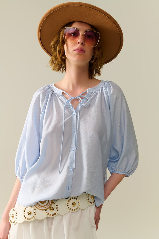 Baby blue chiffon top with puffed sleeves | Just Cool Beans — shirts | tops