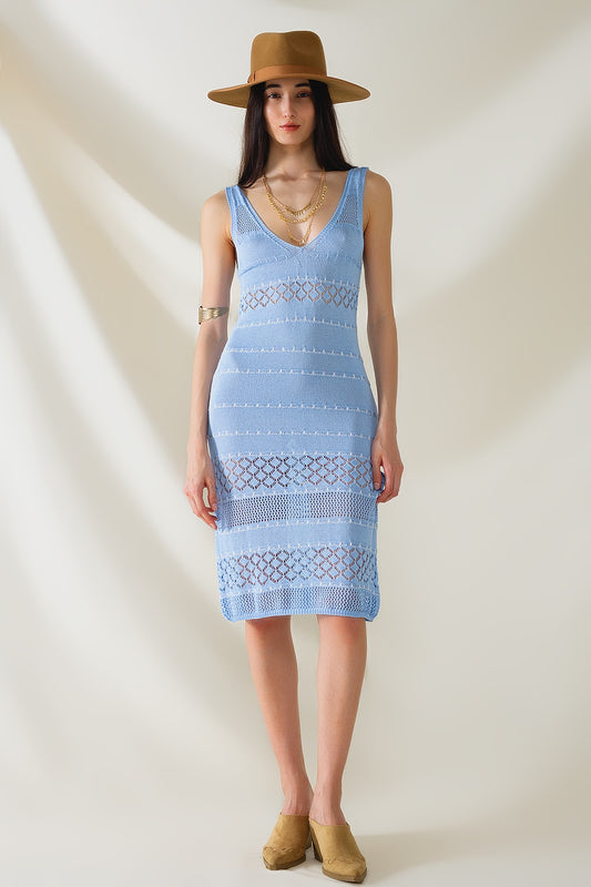 Baby blue midi sleeveless dress with v-neck and crochet design | Just Cool Beans — dresses