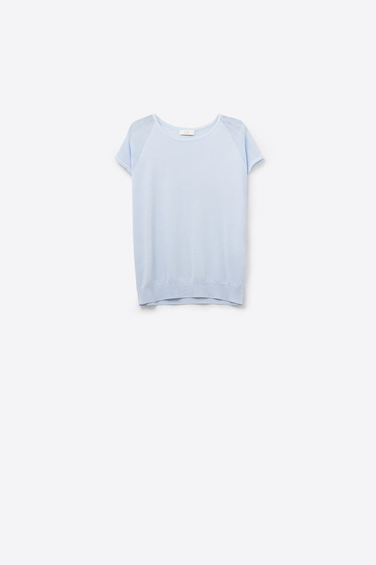 Baby Blue Short Sleeve Sweater with Knitted Mesh on the Shoulder