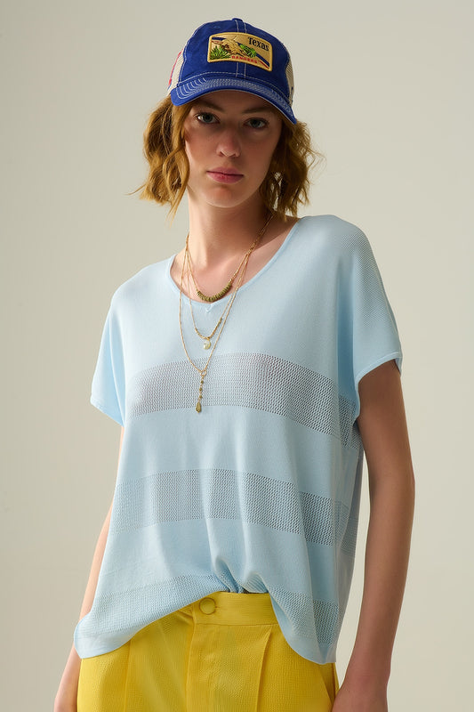 Baby blue v-neck sweater with open knit detail | Just Cool Beans — sweaters | tops