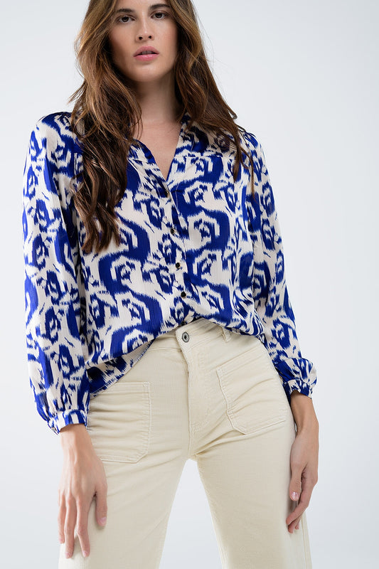 Balloon sleeve abstract print blouse in navy and white | Just Cool Beans — shirts | tops