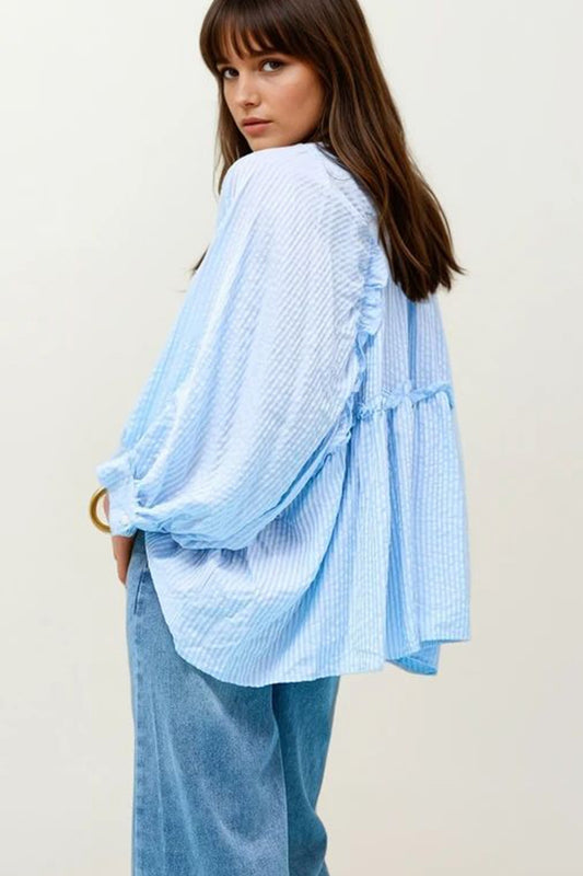 Balloon-sleeve striped blouse in baby blue | Just Cool Beans — shirts | tops
