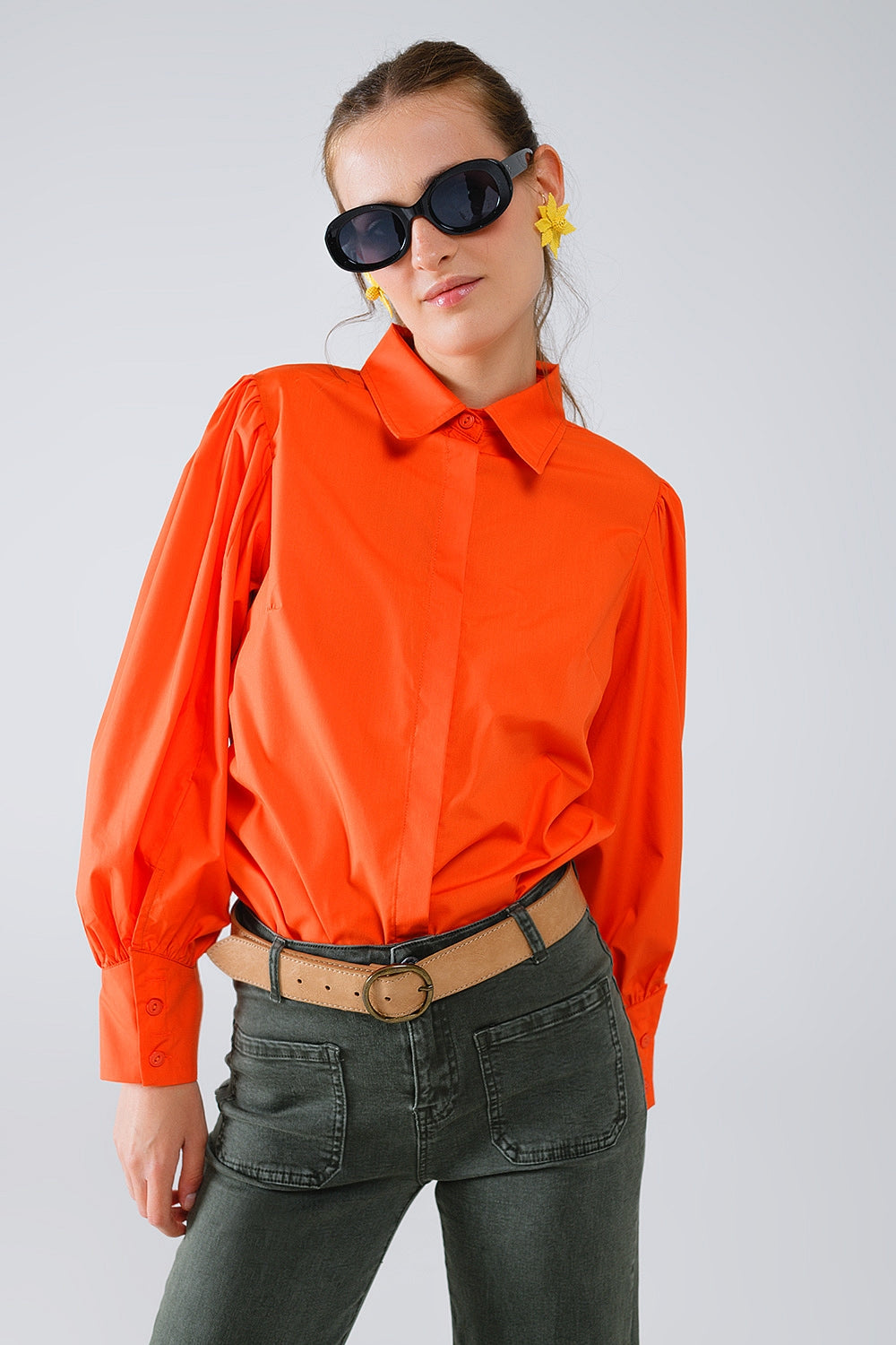 Basic poplin orange shirt with balloon long sleeves | Just Cool Beans — shirts | nan
