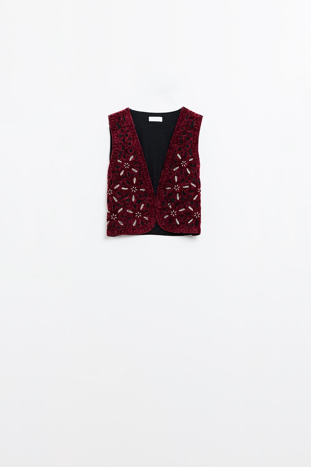 Beaded embroidery velvet short vest in burgundy | Just Cool Beans — coats and jackets | bottoms