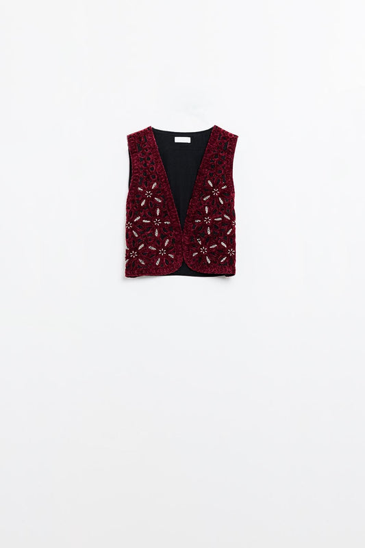 Beaded embroidery velvet short vest in burgundy | Just Cool Beans — coats and jackets | bottoms