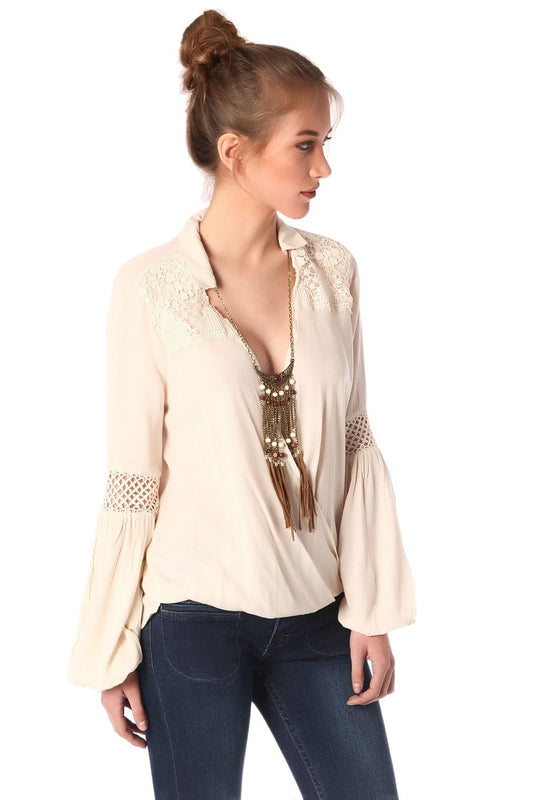 Beige blouse with wrap front and draped detail | Just Cool Beans — shirts | tops