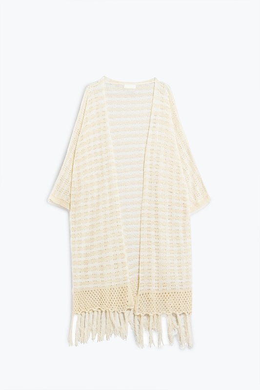 Beige boho style cardigan with stripes pointelle knit and fringe details | Just Cool Beans — sweaters | tops