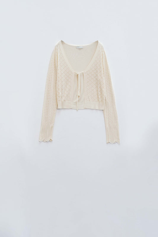 Beige cardigan with argyle print and tie closing | Just Cool Beans — sweaters | tops