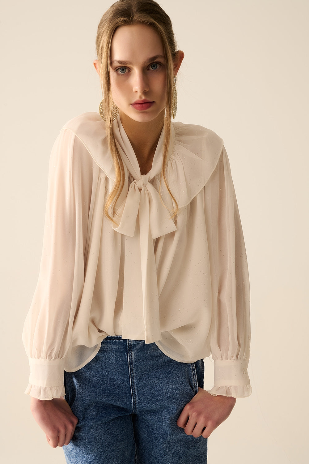 Beige chiffon shirt with bow detail | Just Cool Beans — shirts | nan