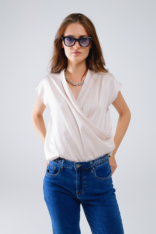 Beige crossed silk top with v-neck and short sleeves | Just Cool Beans — tops | bottoms