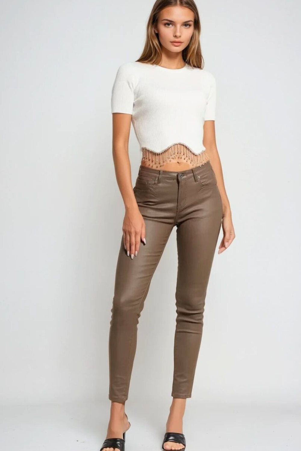 Beige faux leather super skinny pants | Just Cool Beans — pants | bottoms