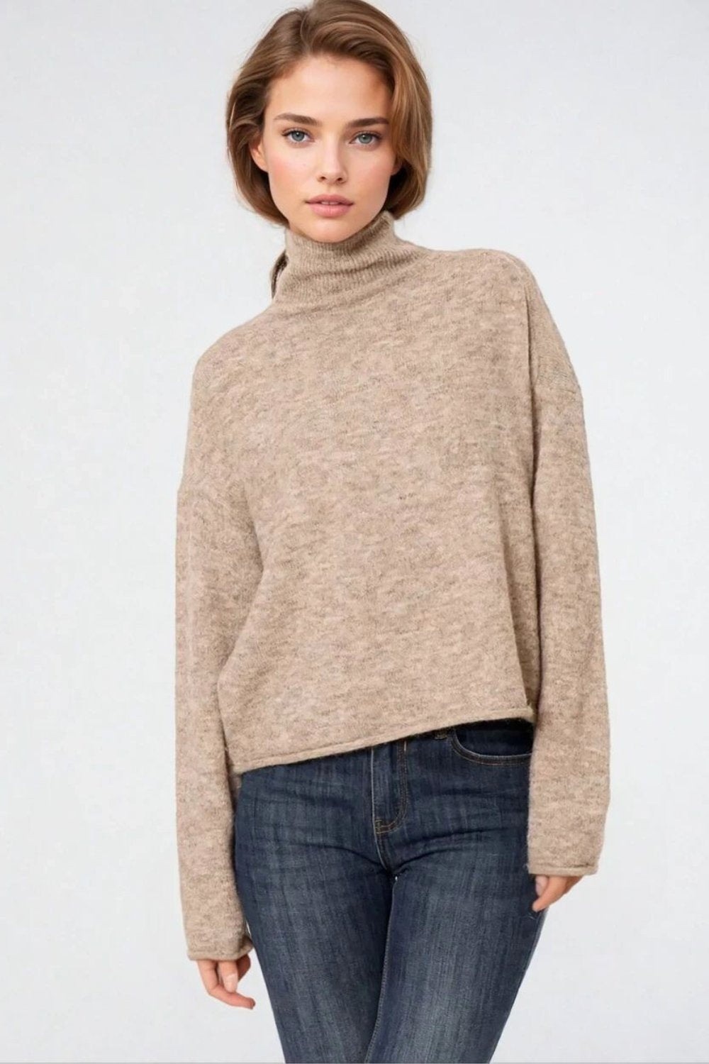 Beige fluffy high neck relax fit sweater | Just Cool Beans — sweaters | tops