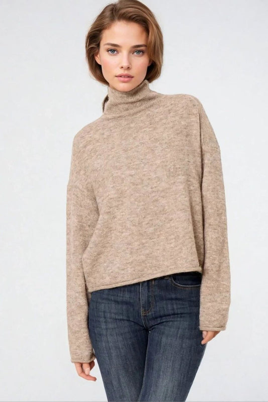 Beige fluffy high neck relax fit sweater | Just Cool Beans — sweaters | tops