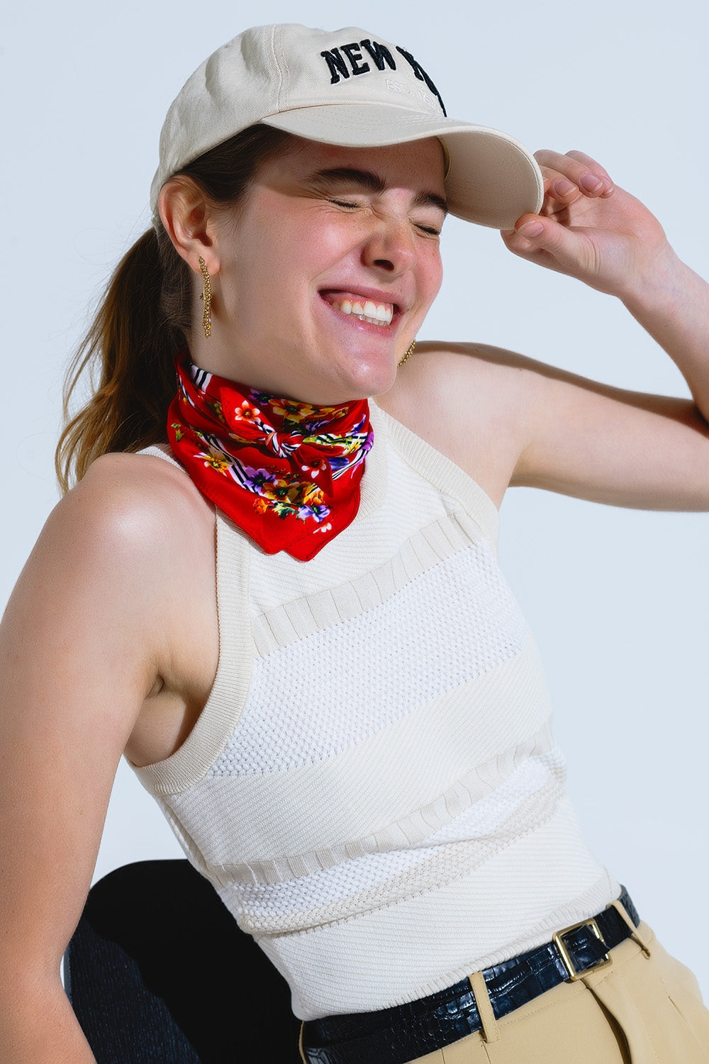 Beige halter tank top with stripe design in different knits | Just Cool Beans — sweaters | tops