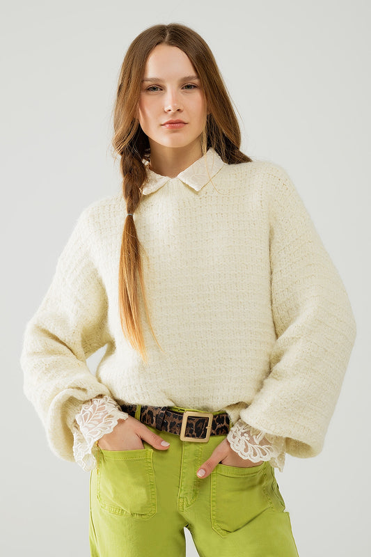 Beige knit sweater with balloon sleeves | Just Cool Beans — sweaters | tops