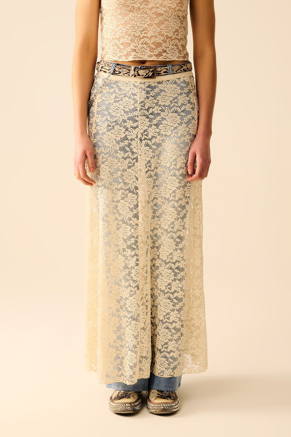 Beige lace maxi skirt with floral design | Just Cool Beans — skirts