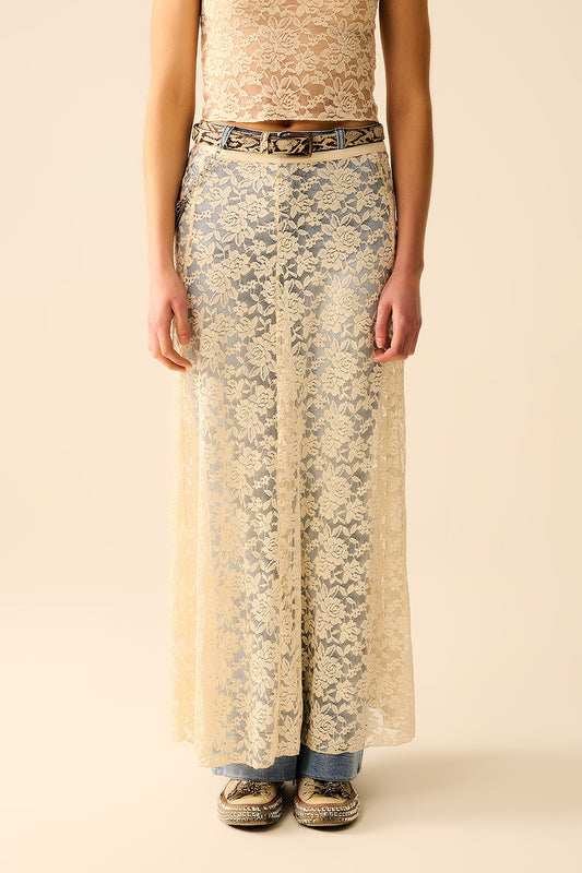 Beige lace maxi skirt with floral design | Just Cool Beans — skirts