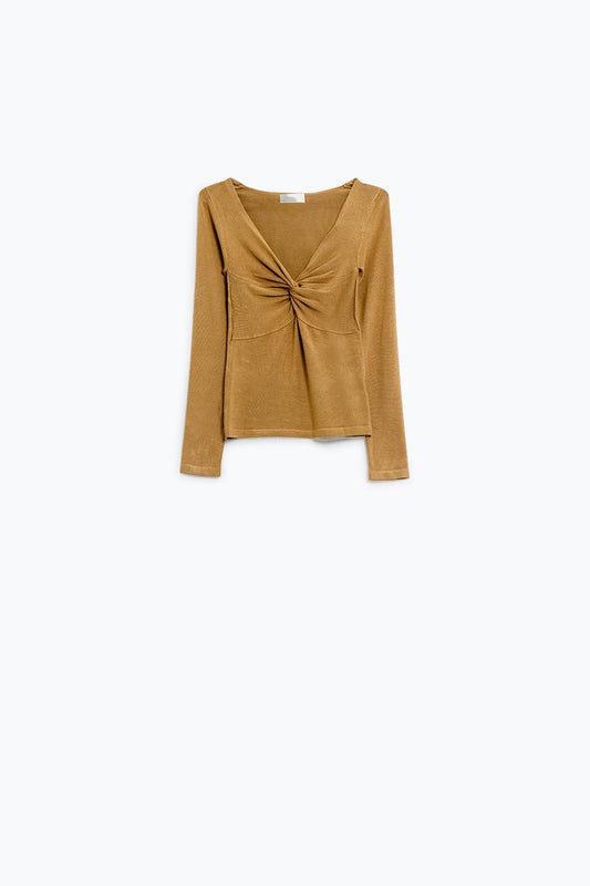 Beige long sleeve shirt with knot detail and v-neck | Just Cool Beans — sweaters | tops