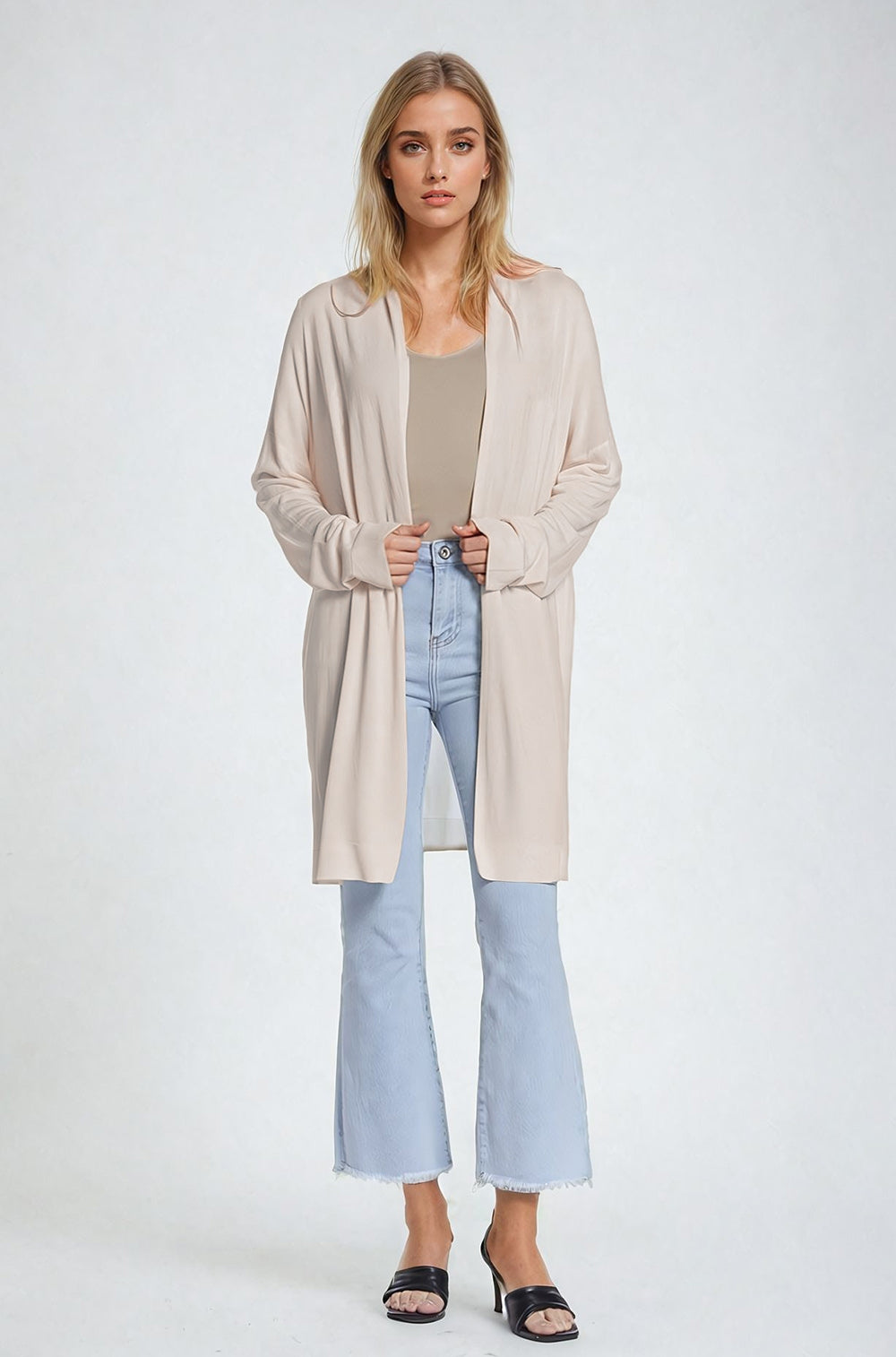Beige maxi open cardigan long sleeve | Just Cool Beans — sweaters | tops
