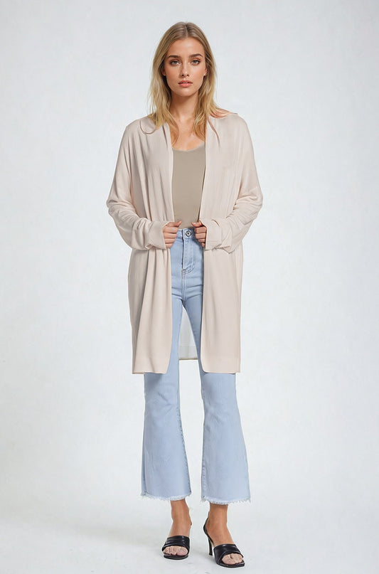 Beige maxi open cardigan long sleeve | Just Cool Beans — sweaters | tops