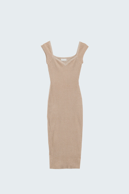Beige midi thick rib bodycon dress with cap sleeves | Just Cool Beans — dresses