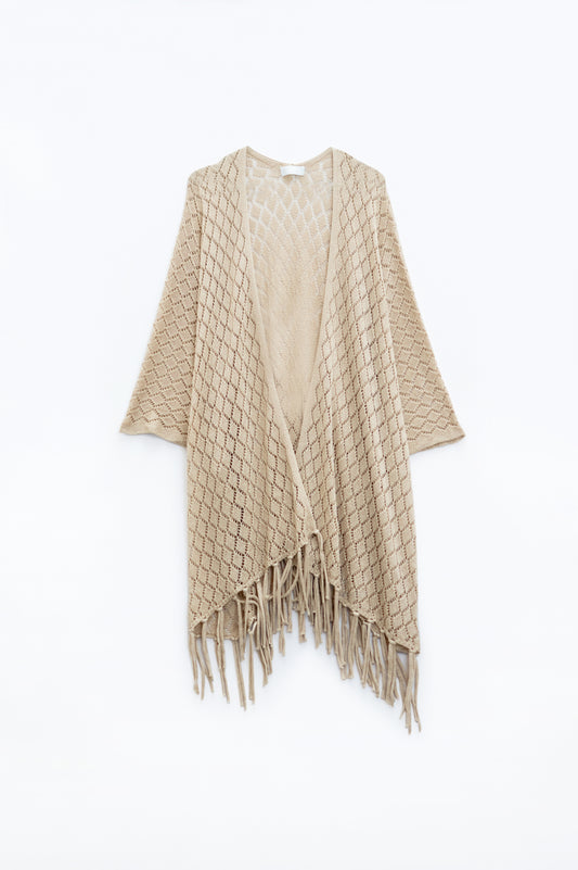 Beige open cardigan with fringe ends and 3/4 sleeves | Just Cool Beans — sweaters | tops