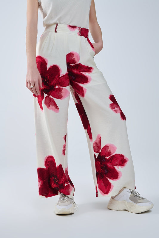 Beige palazzo pants with red tropial flower print and matching belt | Just Cool Beans — pants | bottoms