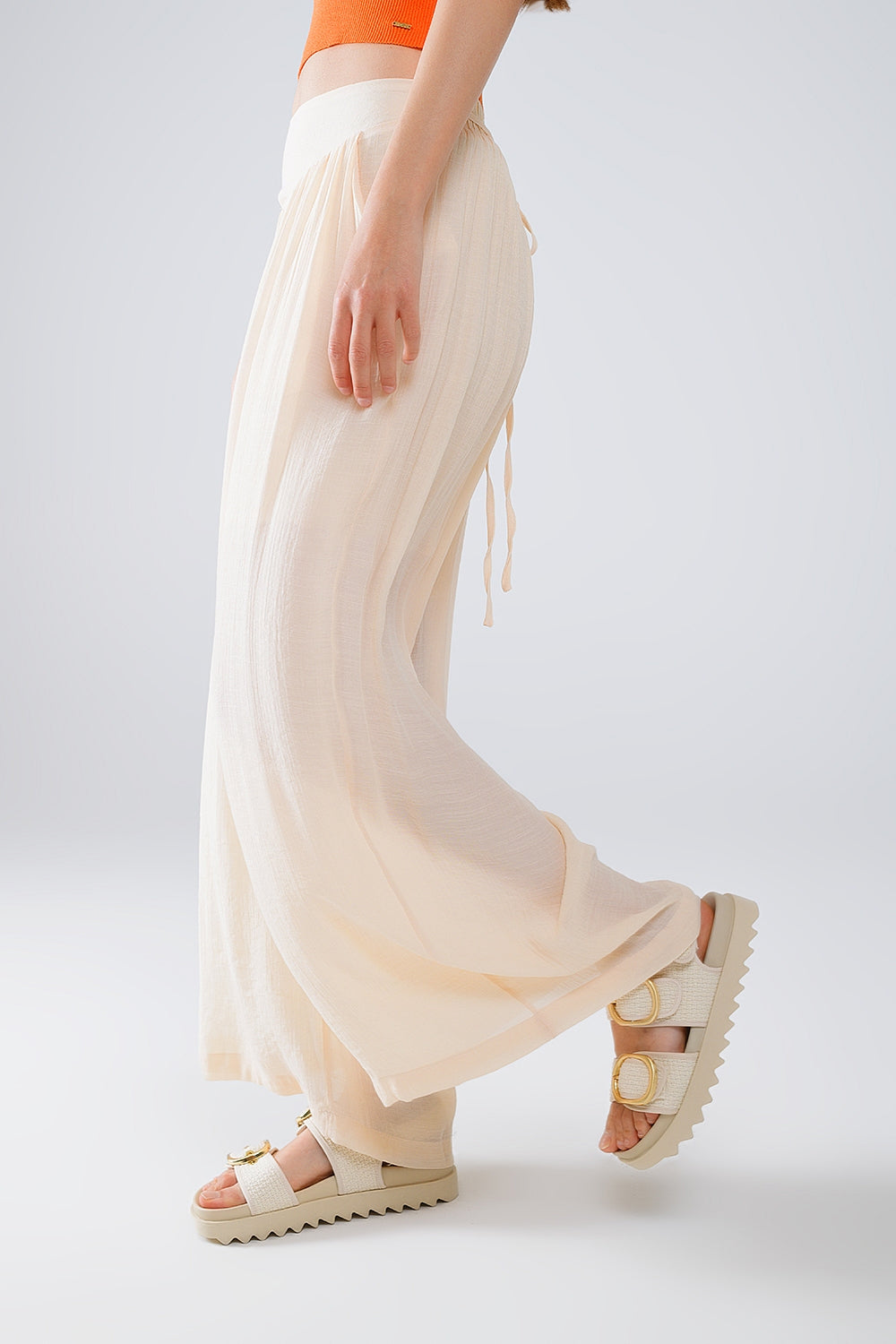 Beige palazzo style pants with side pockets and thick waist band | Just Cool Beans — pants | bottoms