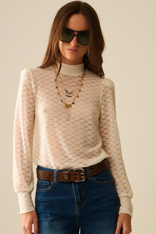 Beige sheer lace turtleneck top with puff shoulders | Just Cool Beans — tops