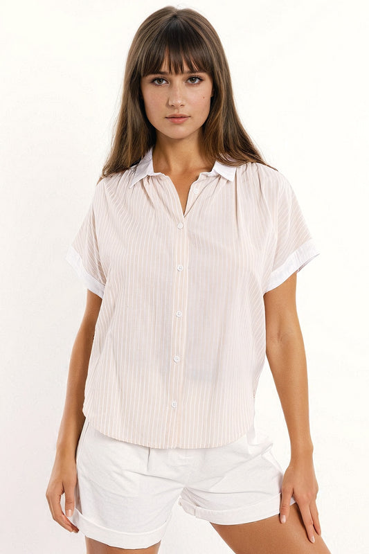 Beige shirt with short sleeves and vertical stripes | Just Cool Beans — shirts | bottoms