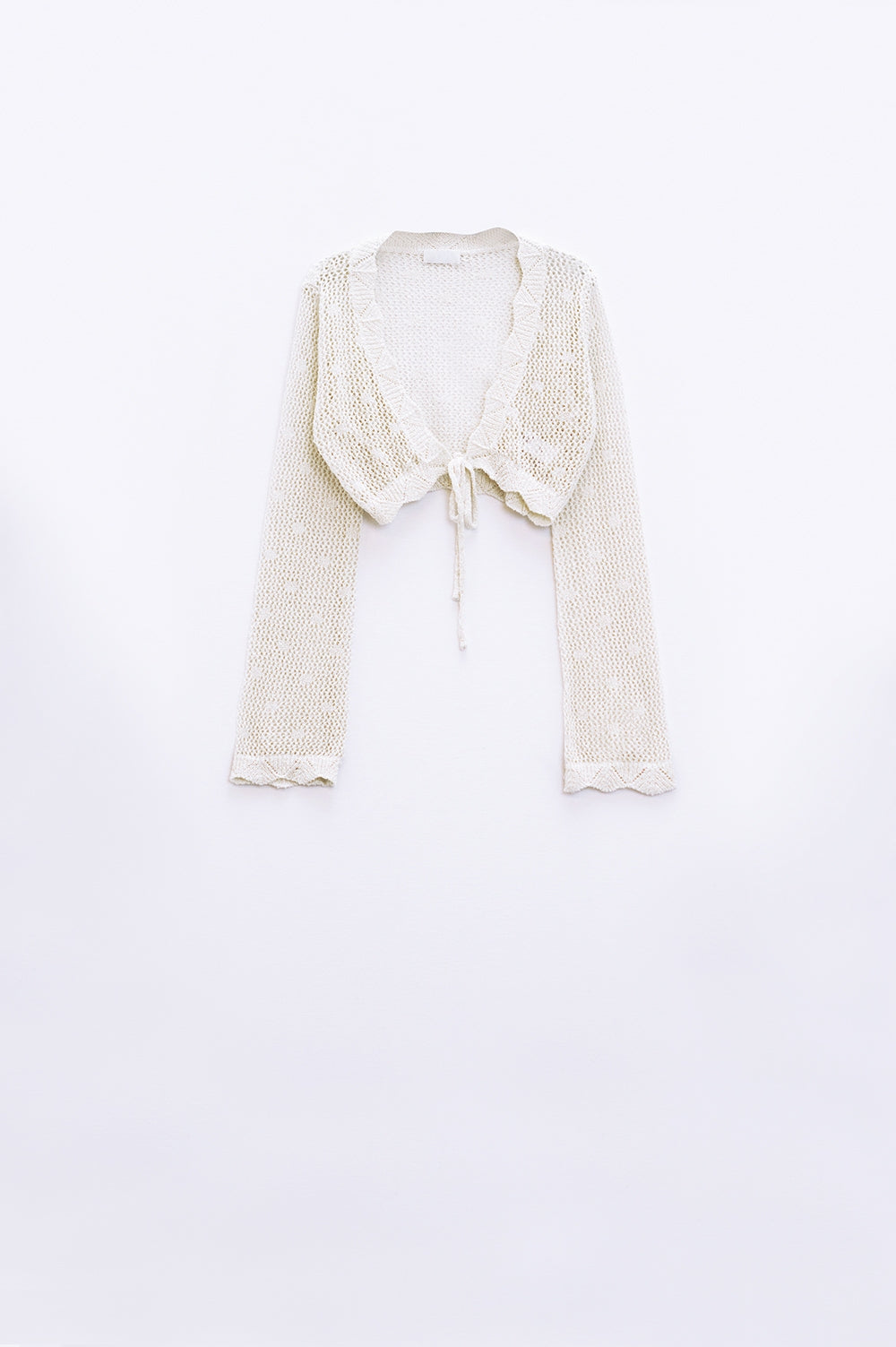 Beige short crochet cardigan with lurex detail | Just Cool Beans — sweaters | bottoms