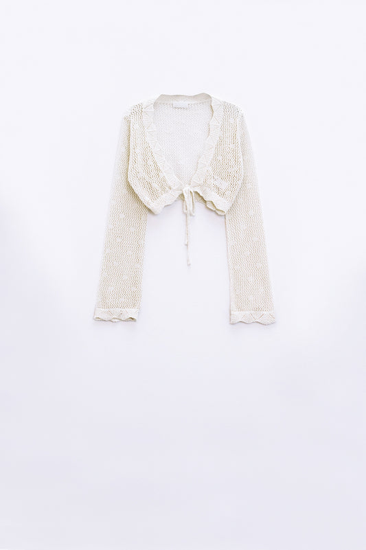 Beige short crochet cardigan with lurex detail | Just Cool Beans — sweaters | bottoms