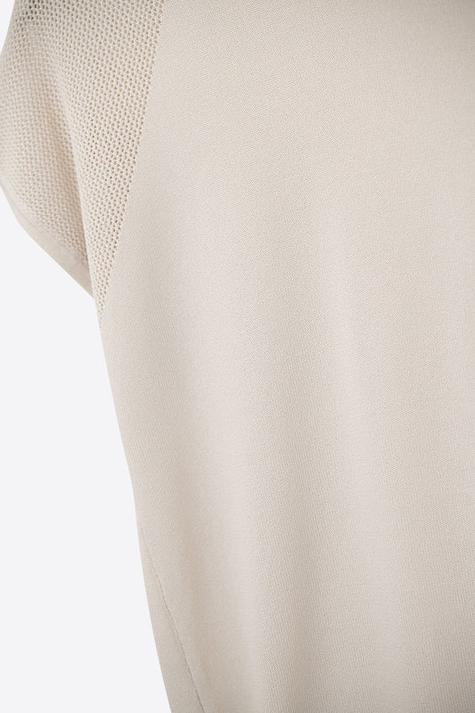 Beige Short Sleeve Sweater with Knitted Mesh on the Shoulder