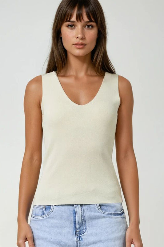 Beige sleeveless fine knitted top with v-neck | Just Cool Beans — sweaters | tops