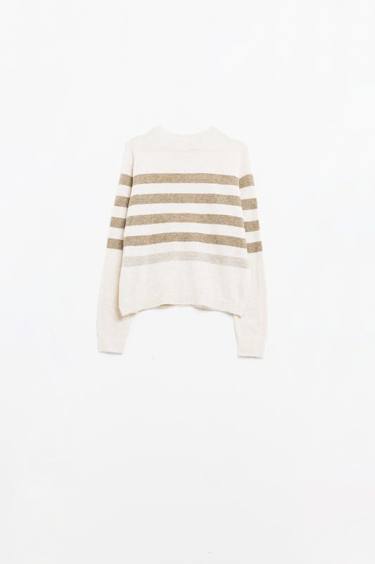 Beige soft knit sweater with camel stripes | Just Cool Beans — sweaters | tops