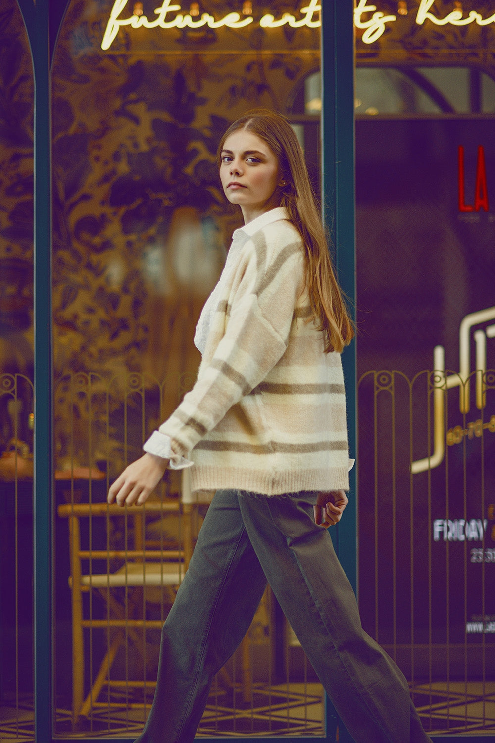 Beige striped fluffy cardigan | Just Cool Beans — sweaters | tops