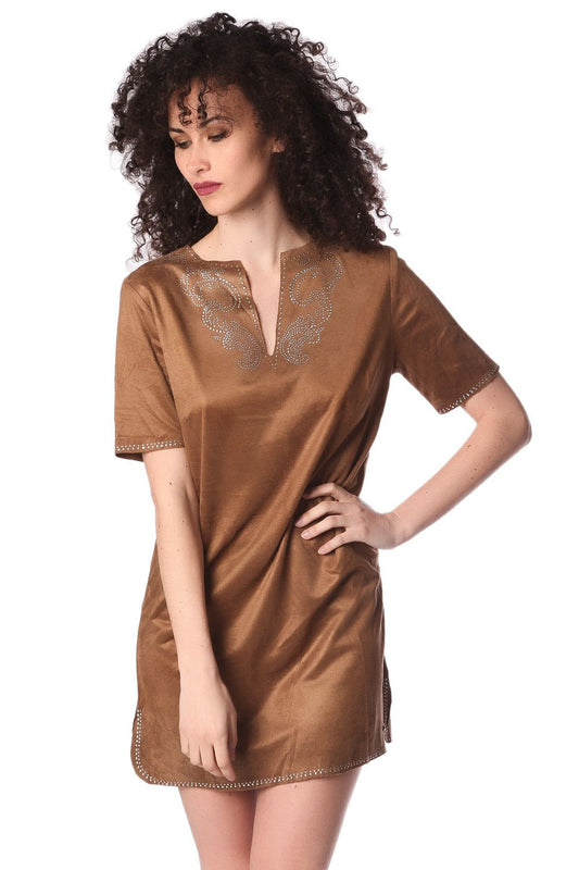 Beige suede 3/4 sleeve dress with embellished detail | Just Cool Beans — dresses