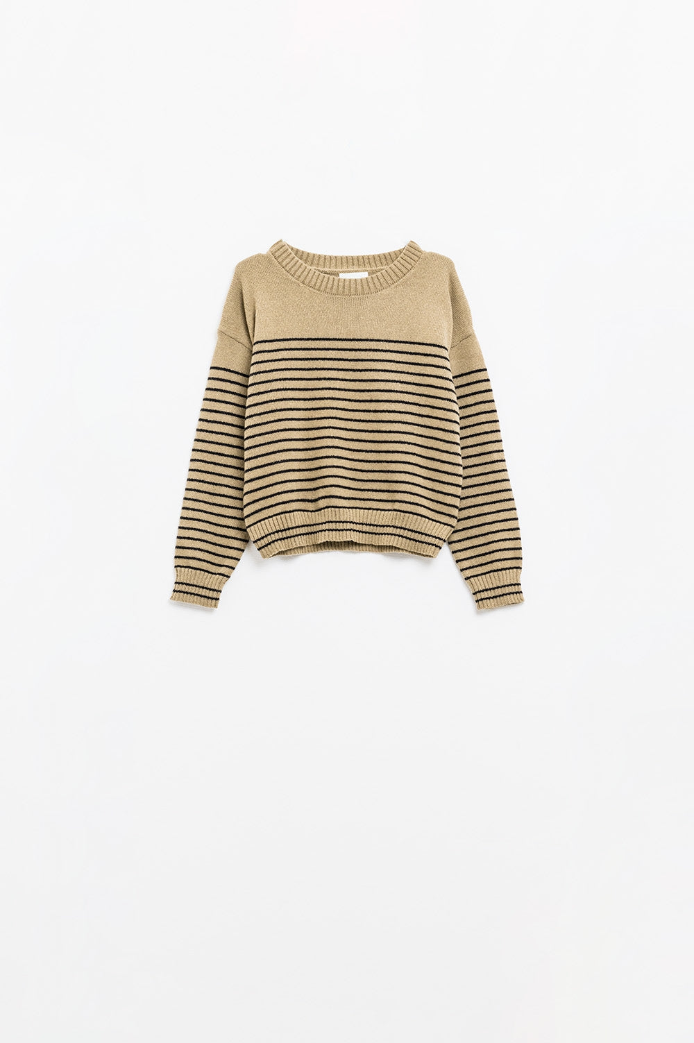 Beige sweater with black stripes and boat neck | Just Cool Beans — sweaters | tops