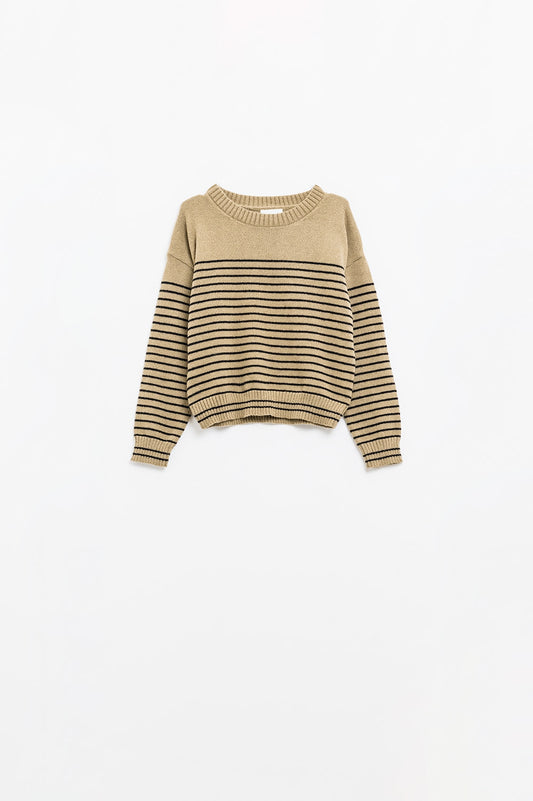 Beige sweater with black stripes and boat neck | Just Cool Beans — sweaters | tops