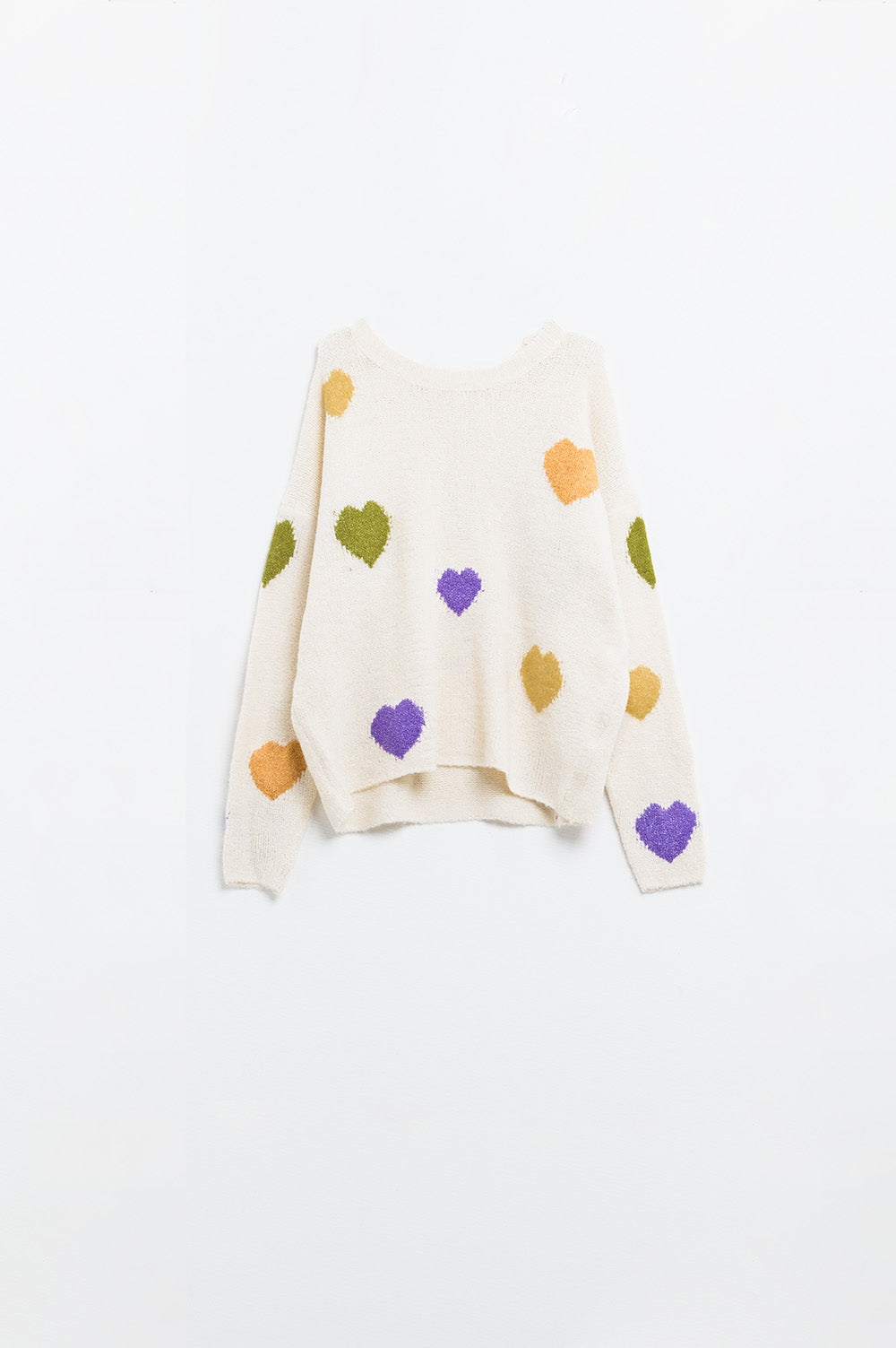 Beige sweater with boat neck and heart print | Just Cool Beans — sweaters | tops