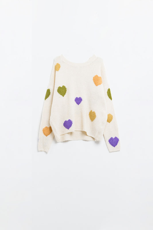 Beige sweater with boat neck and heart print | Just Cool Beans — sweaters | tops