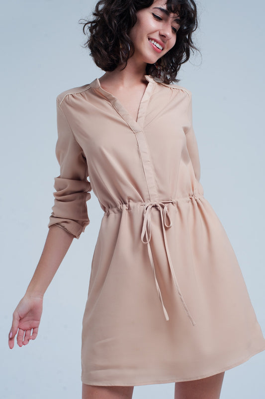 Beige tie waist shirt mini dress | Just Cool Beans — dresses