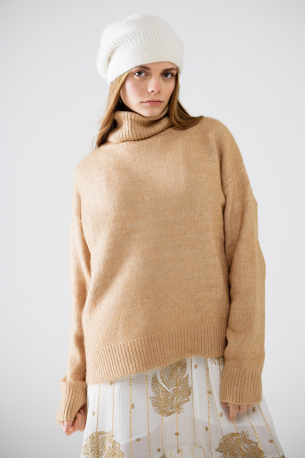 Beige turtleneck jumper with dropped sleeves | Just Cool Beans — sweaters | tops