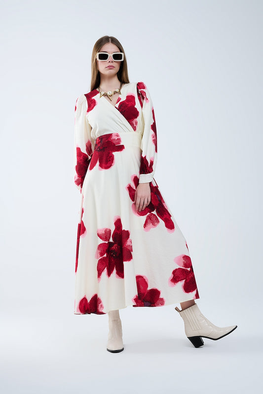 Beige wrap midi dress with red tropical floral print and long sleeves | Just Cool Beans — dresses