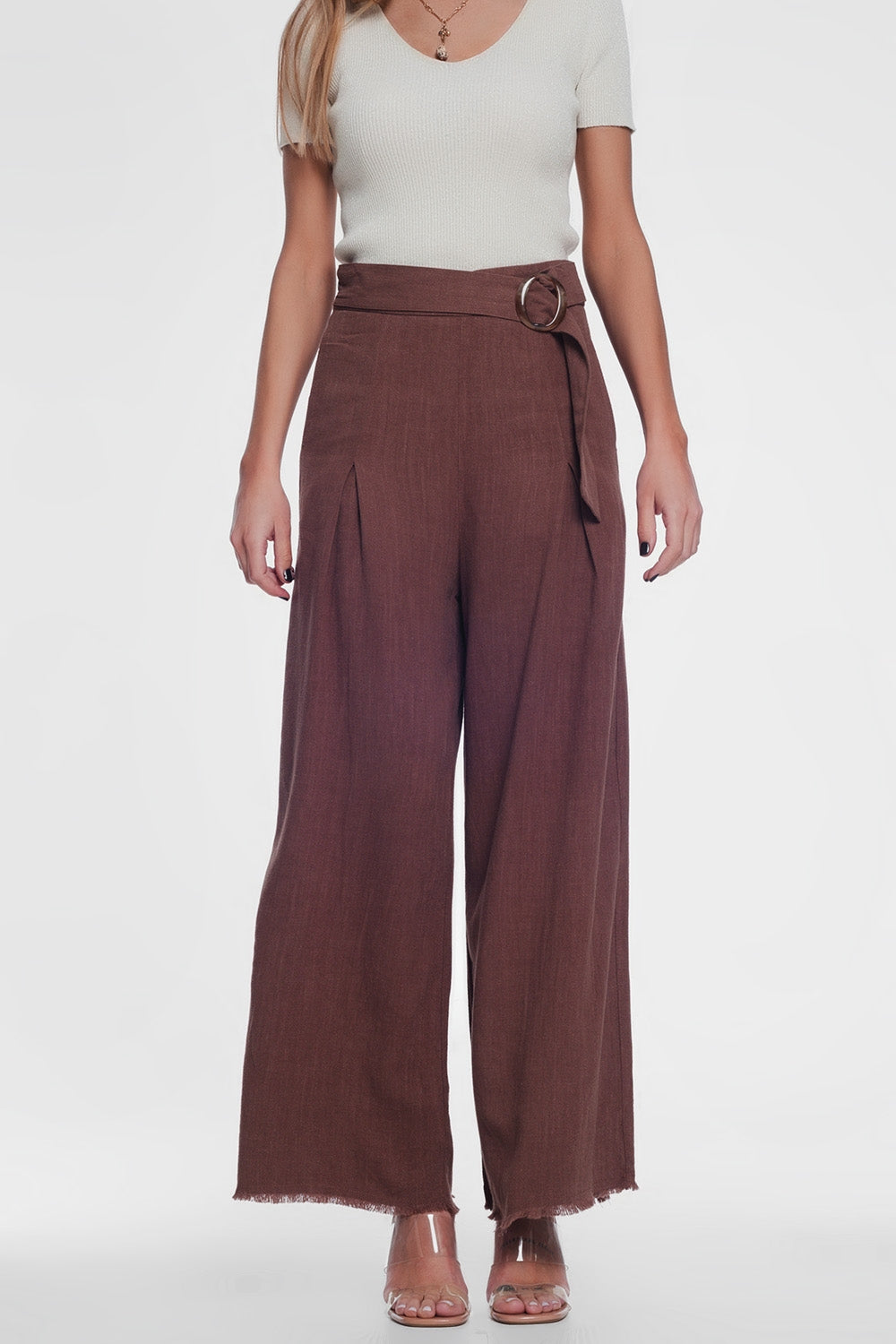 Belted high waist wideleg trouser in brown | Just Cool Beans — pants | bottoms