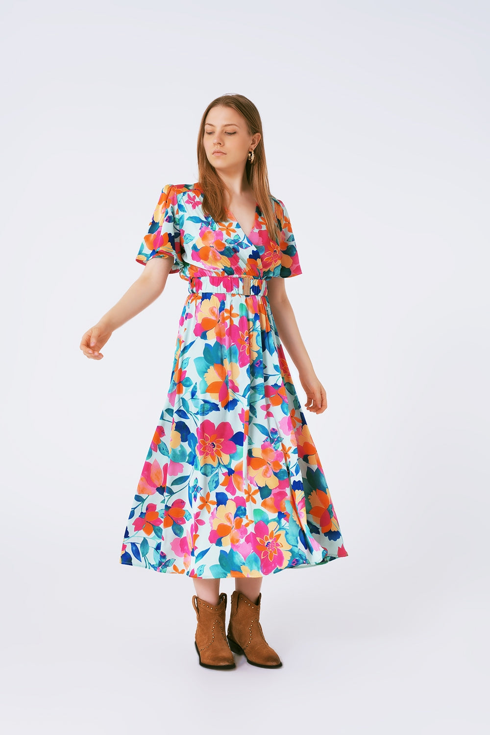 Belted soft satin maxi dress with flower print | Just Cool Beans — dresses