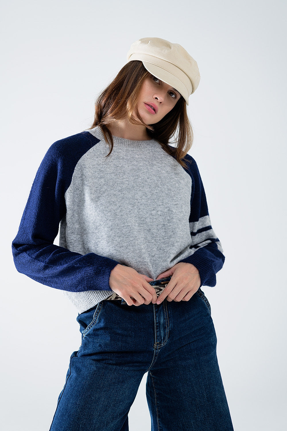 Bi-color raglan sleeve pullover in navy and grey | Just Cool Beans — sweaters | tops