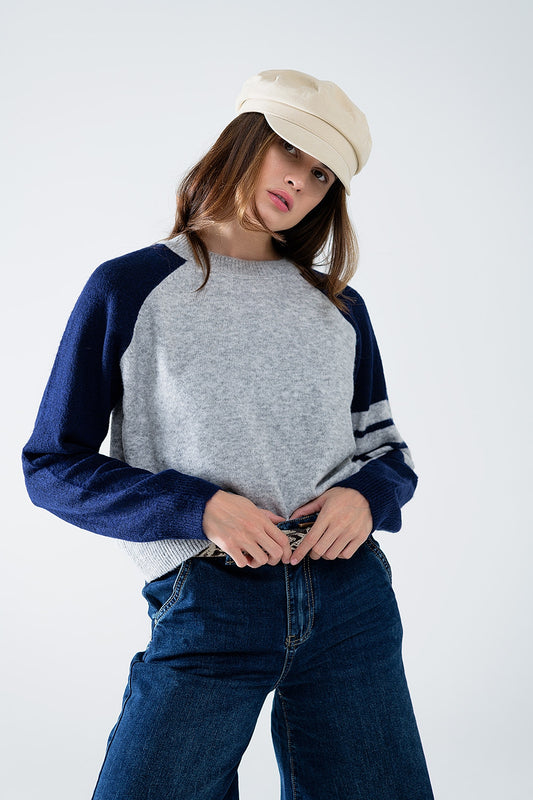 Bi-color raglan sleeve pullover in navy and grey | Just Cool Beans — sweaters | tops