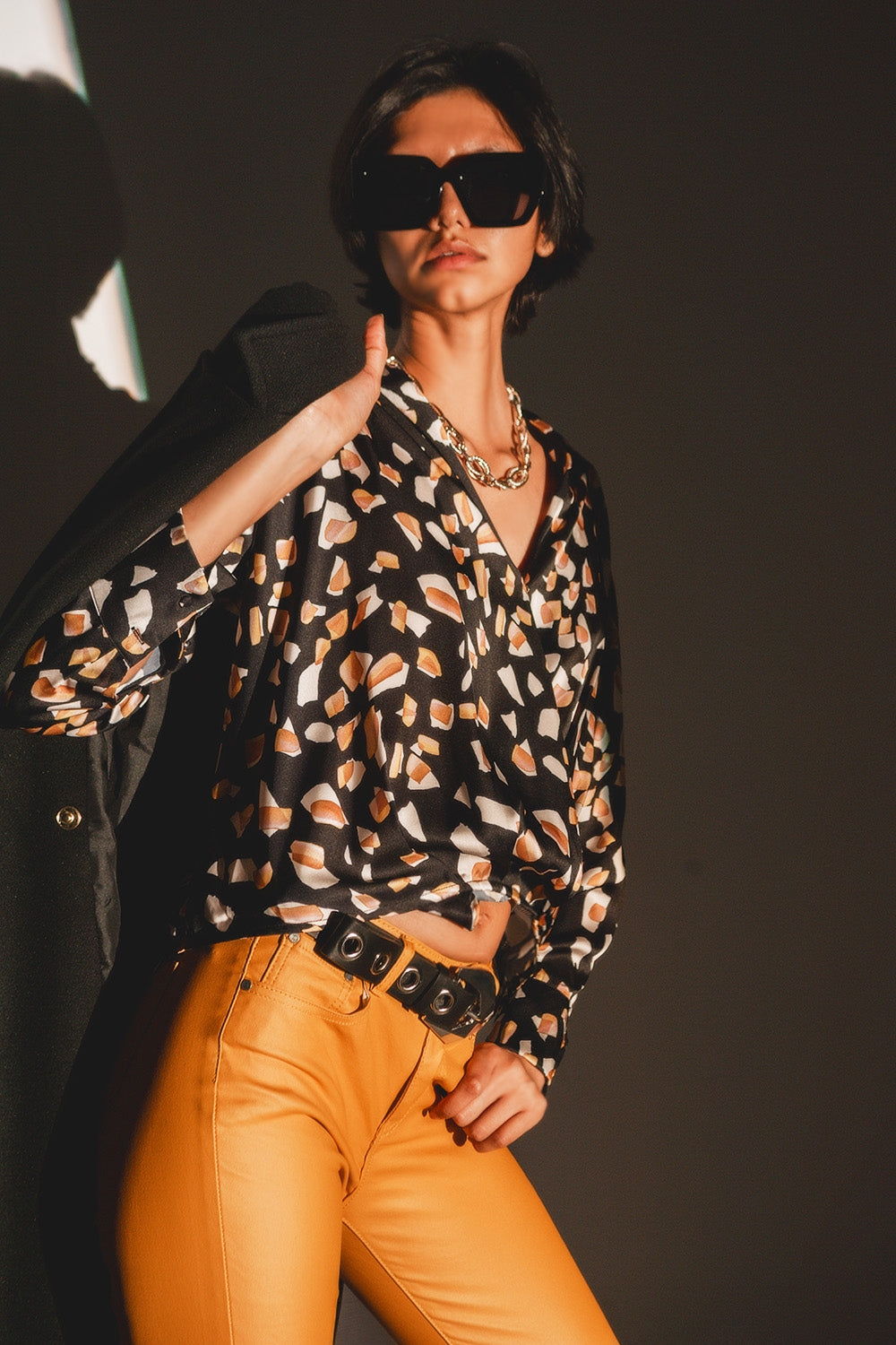 Black blouse with print and wrapped front | Just Cool Beans — shirts | tops