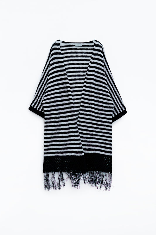 Black boho style cardigan with stripes pointelle knit and fringe details | Just Cool Beans — sweaters | tops